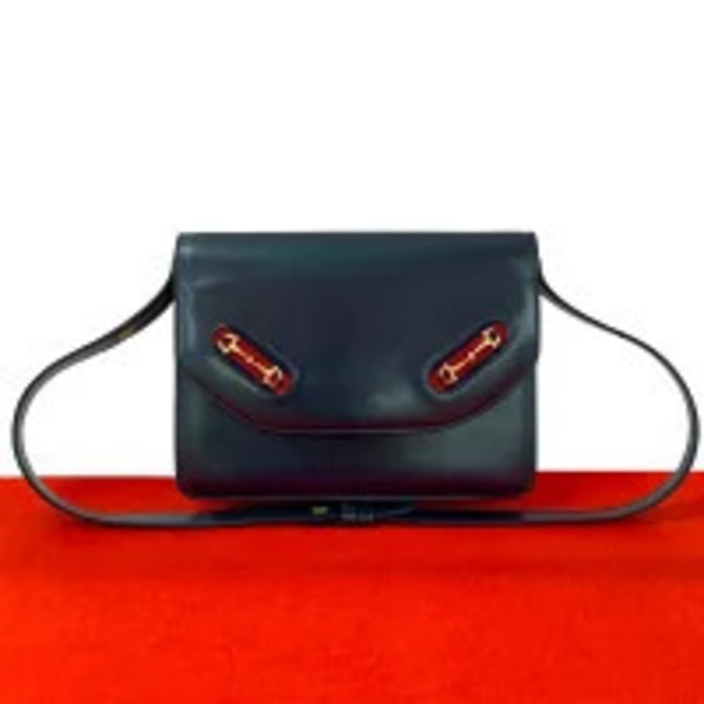 Gucci Sherry Horsebit Leather Semi Hobo Bag Navy Blue